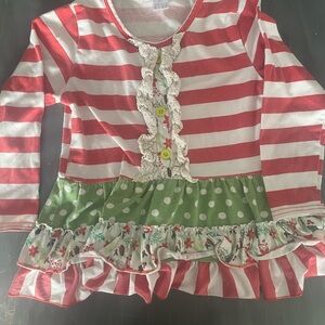 Red and White Striped Long Sleeve dress with Green Polka Dot Ruffle